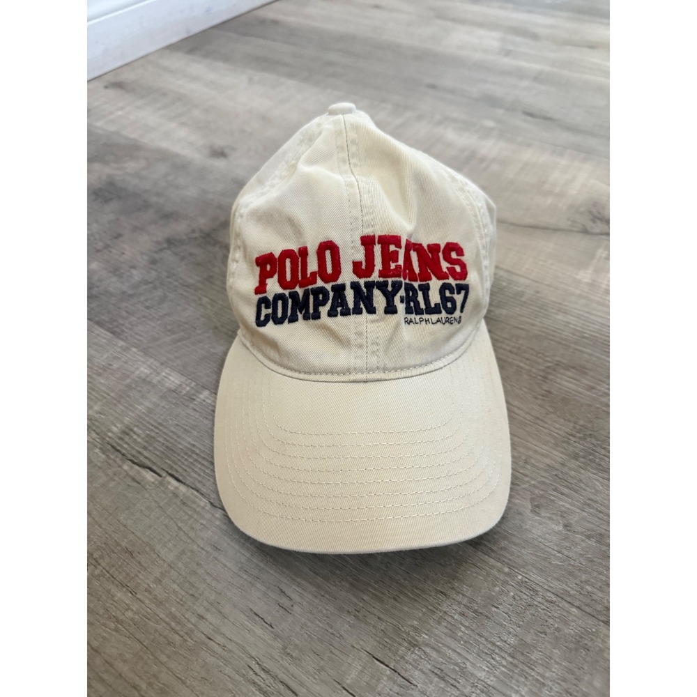 Vintage Polo Jeans Co Ralph Lauren Strapback Hat Beige Cream RL67 USA Flag